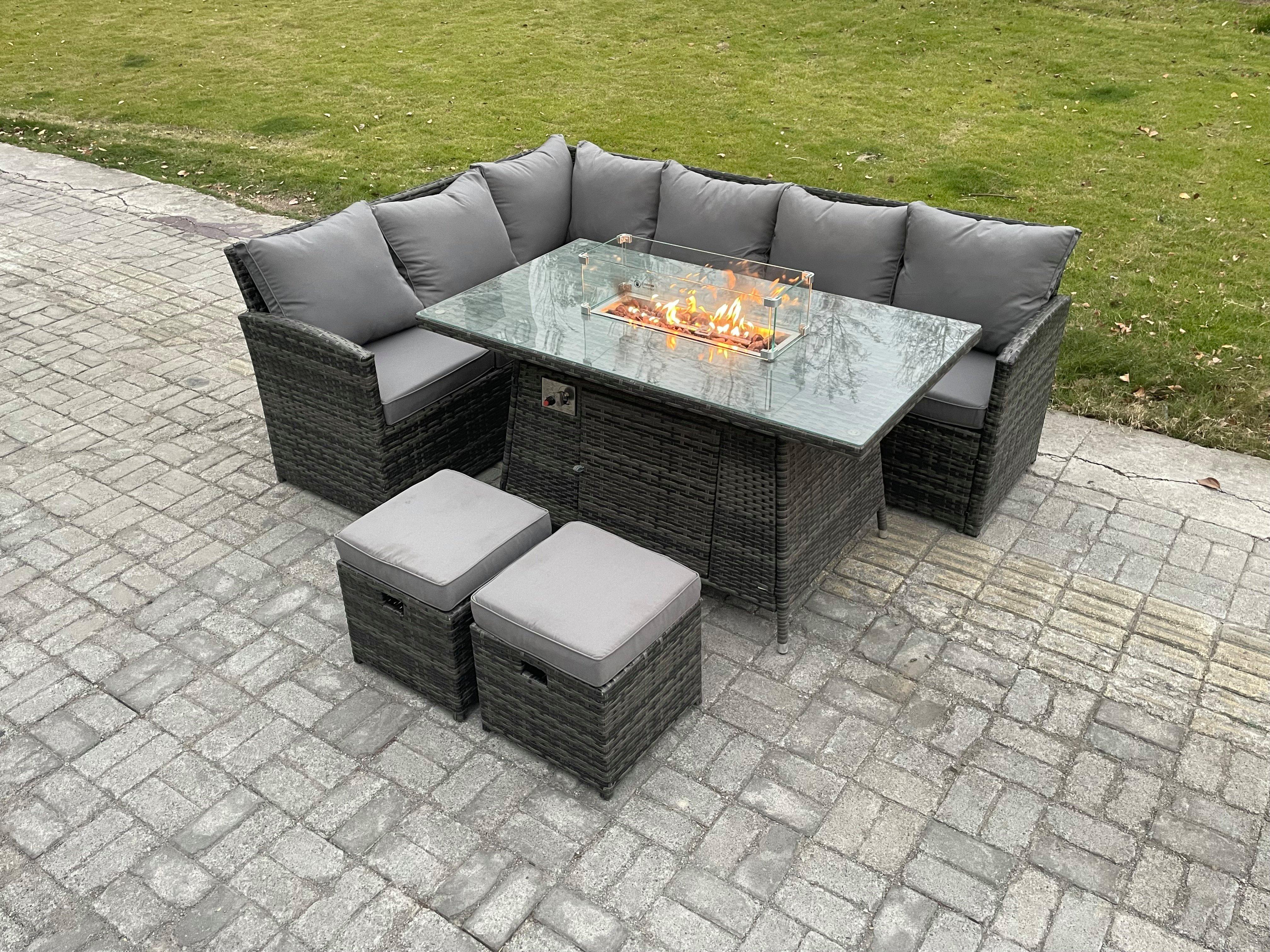 Rattan Garden Furniture High Back Corner Sofa Gas Fire Pit Dining Table Sets Gas Heater with 2 Small